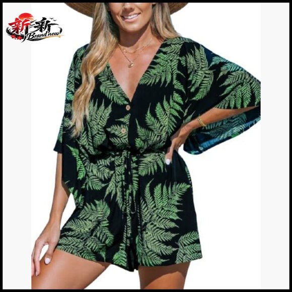 Pants - Polyester Romper with V-Neck and Tie Waist for Summer Beach Wear
